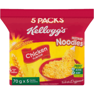 Kellogg’s Noodles – Chicken Flavour, 5 PackEnjoy the delicious taste and convenience of Kellogg’s Chicken Noodles (5 Pack). Each pack is packed with flavour, quick to prepare, and perfect for busy households, students, or anyone craving a quick meal. Ideal for a snack, lunch, or light dinner, these noodles deliver a satisfying chicken flavour that’s ready in minutes. ✅ 5 packs of chicken-flavoured noodles ✅ Quick and easy to prepare ✅ Convenient and tasty meal option ✅ Perfect for snacks, lunch, or dinner